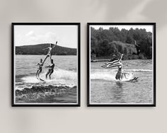 two black and white photos of people on water skis with an american flag in the background