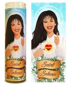 a candle with an image of a woman holding a heart and the words saint selenena on it