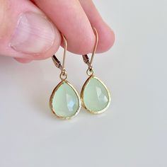 Prehnite Earrings, Lime Green Teardrop Earrings in Gold Filled, Prehnite Sage Green Boho Drop Jewelry, Summer Earrings,  Simple Gift for her These soft colored earrings feature pastel lime green Prehnite teardrops bezel framed in 14k gold filled. The soft sage green teardrops are suspended from lever back ear wires. These are the perfect size to stand out while remaining very simple and subdued. The soft green hue is sure to match many outfits. Ideal for a girl or a women that likes to wear the Sage Green Dress Accessories, Sage Earrings, Pastel Green Jewellery, Sage Green Wedding Jewelry, Green Accessories Aesthetic, Green Dress Jewelry, Light Green Jewelry, Sage Green Accessories, Sage Green Earrings