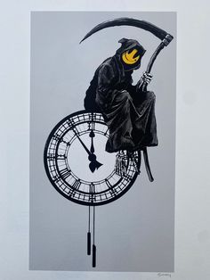 a drawing of a man sitting on top of a clock with an ax in his hand