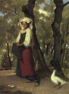 a painting of a woman standing next to a tree with two birds on the ground