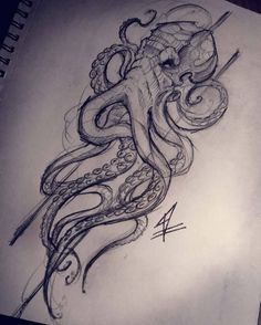 an octopus drawing with pencils on paper