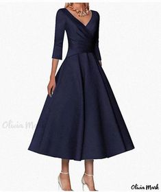 Olivia Mark - Elegant Ensemble for Hostesses Dark Blue Dress Outfit, Blue Dress Outfit, Loungewear Dress, Formal Wear Women, Deep V Neck Dress, Dark Blue Dress, Navy Outfit, Dress Collar, Wrap Around Dress