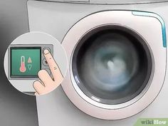 a washing machine with an appliance on the front and hand pointing at it