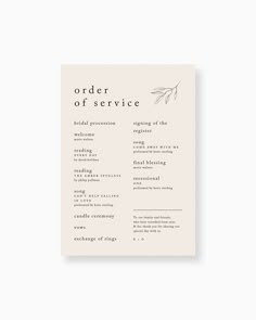 the order of service card is shown in black and white