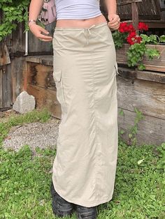 Y2K Drawstring Low Waisted Long Skirt Vintage Pocket Long Cargo Skirt - AnotherChill Long Cargo Skirt, Cargo Skirts, Long Skirt Casual, Streetwear Chic, Y2k Casual, Maxi Rok, Ankle Length Skirt, Chic Skirts, Skirt Y2k