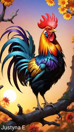 a painting of a rooster sitting on a tree branch with the sun in the background