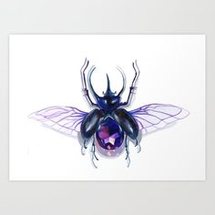 a purple and black insect sitting on top of a white wall