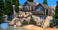 Sims 4 Hillside House, Sims 4 Creative Build Ideas, Sims 4 Lodge, Lake House Sims 4, Sims 4 Mountain House, Sims 4 Lake House, Sims 4 Landscaping Ideas, Modern Sims 4 House, Sims 4 Build Ideas