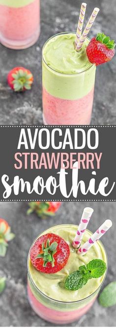 avocado strawberry smoothie in glasses with strawberries on top