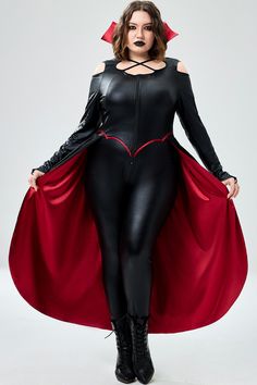 a woman in a black and red costume