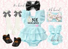 "\"ALICE IN WONDERLAND ROMPER\" SET ROMPER: Premium quality romper embellished with ruffles on back and black white checker bows in front. Romper can easily adjust on with adjustable straps ties on back~ #A BAND: Large size metallic bow placed on thick band. #B BAND: Adorned with beautiful chiffon flowers jewels and heart on black stretchy band. We can also make this flower band on alligator clip. Please leave a note to seller during checkout your preferences. KNEE HIGH SOCKS: 2 sizes available. Smash Cake Outfit, Cake Outfit, Alice Costume, 1st Birthday Themes, Girl Birthday Themes