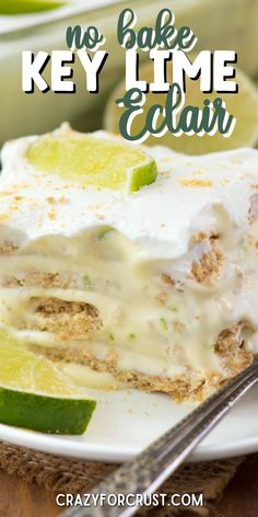 a slice of key lime cake on a white plate with a fork next to it