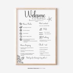 a poster with the words welcome to each guest and their names in black ink on white paper