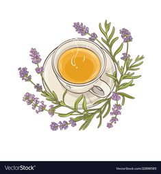 a cup of tea and lavender flowers on a saucer