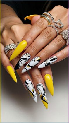 Elevate your nail game with 36 stunning chrome nail designs. From subtle accents to bold, eye-catching looks, find your perfect chrome nails style. Black White And Yellow Nails, Yellow Black And White Nails, Stiletto Nail Design Ideas, Black And Yellow Nails Design, Fall Coffin Nail Designs, Chrome Nail Designs, Fingernails Painted, Hot Nail Designs, Abstract Nails