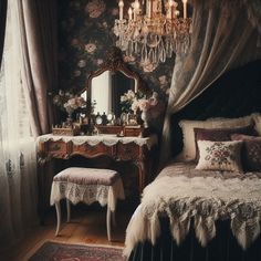 a bed room with a neatly made bed and a fancy chandelier