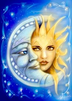 the sun and moon face are depicted in this painting