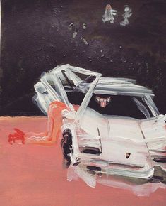 a painting of a white sports car with the hood up