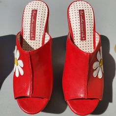 The Cutest Daisy Platform Step In Mules. Size 8.5, Made In China. Faux Smooth Leather. 100% Vegan Friendly! Heel Height: 5 1/2 Inches. Fit: True To Size. Never Worn. Lightweight. Brand: B.A.I.T. - But Another Innocent Tale. Colors: Cherry Red Or Tan. 2 Pair Available. 1 Of Each Color. Retro Synthetic Heels, Retro Round Toe Heels In Faux Leather, Vintage Synthetic Heels With Almond Toe, Red Faux Leather Heels With Round Toe, Retro Red Heels For Spring, Vintage Synthetic Almond Toe Heels, Red Sandals With Deep Heel Cup For Spring, Retro Leather Wedge Heels, Retro Faux Leather Heels For Spring