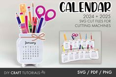 a calendar with scissors and pencils in it