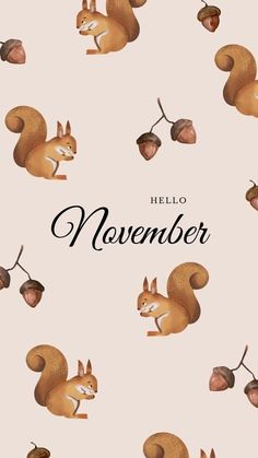 an illustration of a squirrel with acorns on it's back and the words hello november