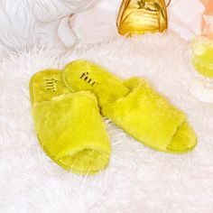 Brand New Plush, Yellow Slides One Size Fits All Yellow Slides, Shoes Yellow, Faux Fur Slides, Fur Shoes, Faux Fur Slippers, Fuzzy Slippers, Fur Slippers, Womens Slides, Fur Slides