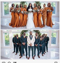 two pictures of the same bride and groom with their bridal party in orange dresses