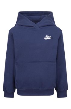 This quintessential, sporty hoodie is made from a cozy cotton blend and marked with an embroidered Futura logo, all in a scaled-down kids' size. Fixed hood Kangaroo pocket 60% cotton, 40% polyester Machine wash, tumble dry Imported Nike Cotton Sweats For Winter, Nike Cotton Hooded Sweatshirt, Nike Cotton Hoodie With Adjustable Hood, Blue Hooded Sweatshirt With Logo Detail, Sportswear Hoodie With Logo, Sportswear Hoodie With Logo And Long Sleeves, Sportswear Long Sleeve Hoodie With Logo, Nike Cotton Hoodie In Solid Color, Nike Solid Cotton Hoodie