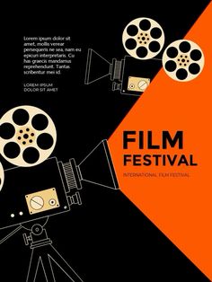 an orange and black poster with film reels