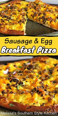 sausage and egg breakfast pizza is shown on a pan with one slice missing from it