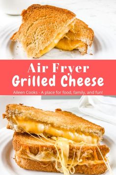 an air fryer grilled cheese sandwich on a white plate with text overlay