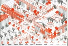 an orange and white map shows the locations of buildings, trees, and other things