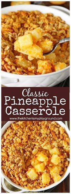 pineapple casserole in a white dish with a serving spoon and another side dish