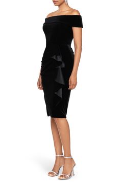 Slip into this little black dress with confidence knowing that it's stunning with an off-the-shoulder neck and a frilly ruffle down the skirt. 38 1/2" center front length (size 8) Off-the-shoulder neck Short sleeves Lined 90% polyester, 10% spandex Dry clean Imported Elegant Christmas Dresses Women, Elegant Cocktail Dress Party Classy Knee Length, Cocktail Dresses Classy, Elegant Cocktail Dress Party, Best Cocktail Dresses, Cross Front Dress, Cocktail Dress Classy, Elegant Cocktail Dress, Black Skater Skirts