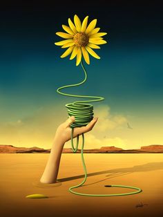 a hand holding a coil with a yellow flower on top of it in the middle of a desert