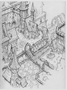 a drawing of a castle with lots of turrets