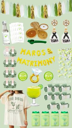 a woman standing in front of many different items on a green background with the words marcs & matrimony