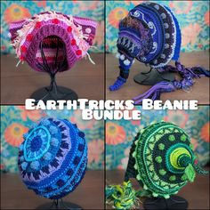 four pictures of different hats on top of each other with the words earth tricks beanie bundle