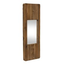 a wooden mirror is hanging on the wall in front of a white back ground background