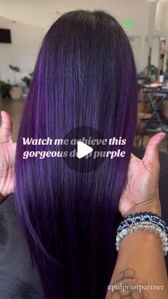 Pulp Riot Hair Color on Instagram: "Deep purple is calling your clients’ names this month - just like @mysticalooks (she/her)  And don’t forget - this month only at @SalonCentric in the US - exclusive offers from #PulpRiot   - Buy 3-10 Semis, get 1 Lilac Chill HST Free - Buy 11 or more Semis, get 1 of each Lilac Chill HST + Small Tint Brush + Mixing Bowl & Tray Mat Free - 3x Level points on all Pulp Riot purchases  Content description: a transformation video where a hairstylist bleaches her client’s long, dark brown hair, then colors it a dark purple shade.   #PulpRiotIsThePaint #PulpRiot #PulpRiotHair #PulpRiotColor #BrightHair #HairArt #HairColor #HairSalon #BehindTheChair #SalonCentric #ItTakesAPro #HighSpeedToner #SemiPernanent #Offer #Deal" Joico Purple Hair Color, Pravana Vivids Violet, Multidimensional Purple Hair, Purple Hair Formula, Purple Dye On Brown Hair No Bleach, Purple And Dark Brown Hair, Purple Highlights Brown Hair Peekaboo, Half Purple Half Black Hair, Pulp Riot Hair Color Formulas