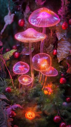 glowing mushrooms in the forest at night with red lights and berries on the ground next to them