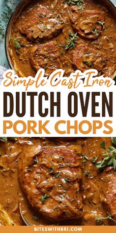 dutch oven pork chops with gravy in a skillet