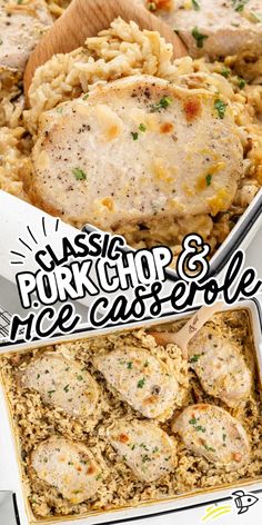 chicken and rice casserole is shown in two separate dishes, with the words sassi pork & rice casserole above it