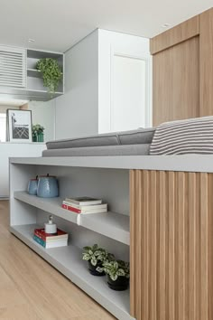 a room with shelves, books and plants on the floor next to a couch that is made out of wood