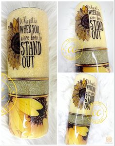 three pictures of sunflowers and the words stand out on each one, with gold glitter