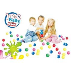 two children sitting on the ground surrounded by gummy balls and an advertisement for 100 ballz