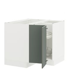 a white cabinet with an open door and two shelves on each side, in front of a white background