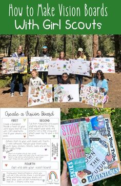 children holding up their art projects with the text how to make vision boards with girl scouts