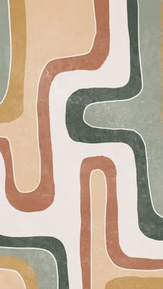 an abstract wallpaper design with wavy lines in shades of green, orange and beige